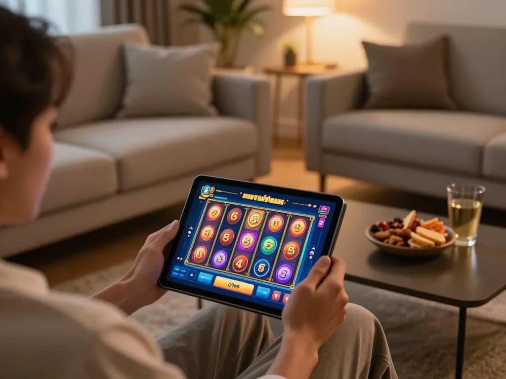 Playing slot6000 on a tablet in a cozy home setting with engaging game visuals and snacks.