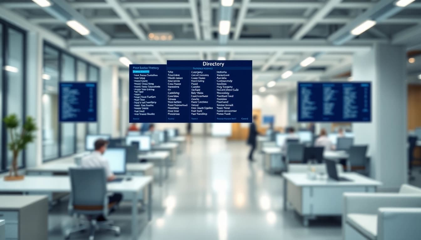 Bekijk de bedrijfsvermeldingen op https://bedrijvengidsen-nederland.nl in een moderne kantooromgeving.