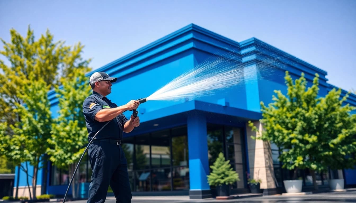 Expert pressure washing Seattle near me with a professional in action cleaning a building.