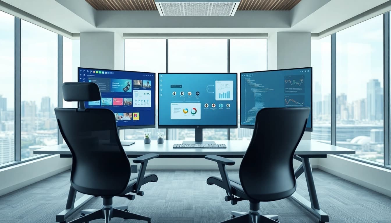 Enhance productivity with a Modern virtual desktop setup in a sleek office environment.