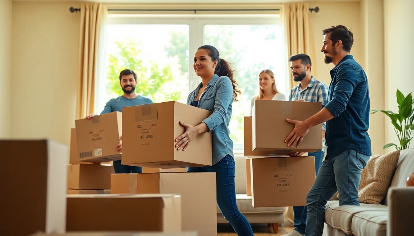 Residential Moving with professional movers organizing packed boxes in a bright living room.