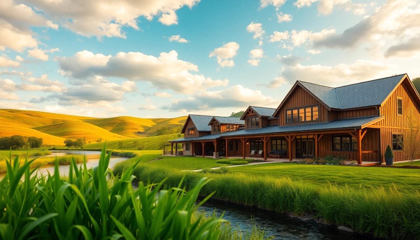 Winding River Farmhouse New Build showcasing modern design and lush green surroundings.