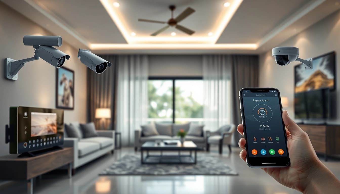 Hogar seguro con sistemas de alarmas de seguridad y cámaras de vigilancia modernas integradas en una decoración de sala de estar elegante.