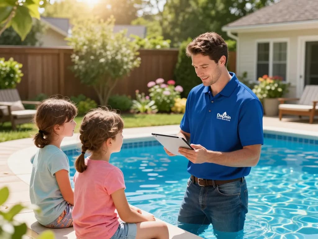 Dolphin Pool Services technician inspecting a sparkling pool, showcasing a friendly family interaction in a Virginia backyard.