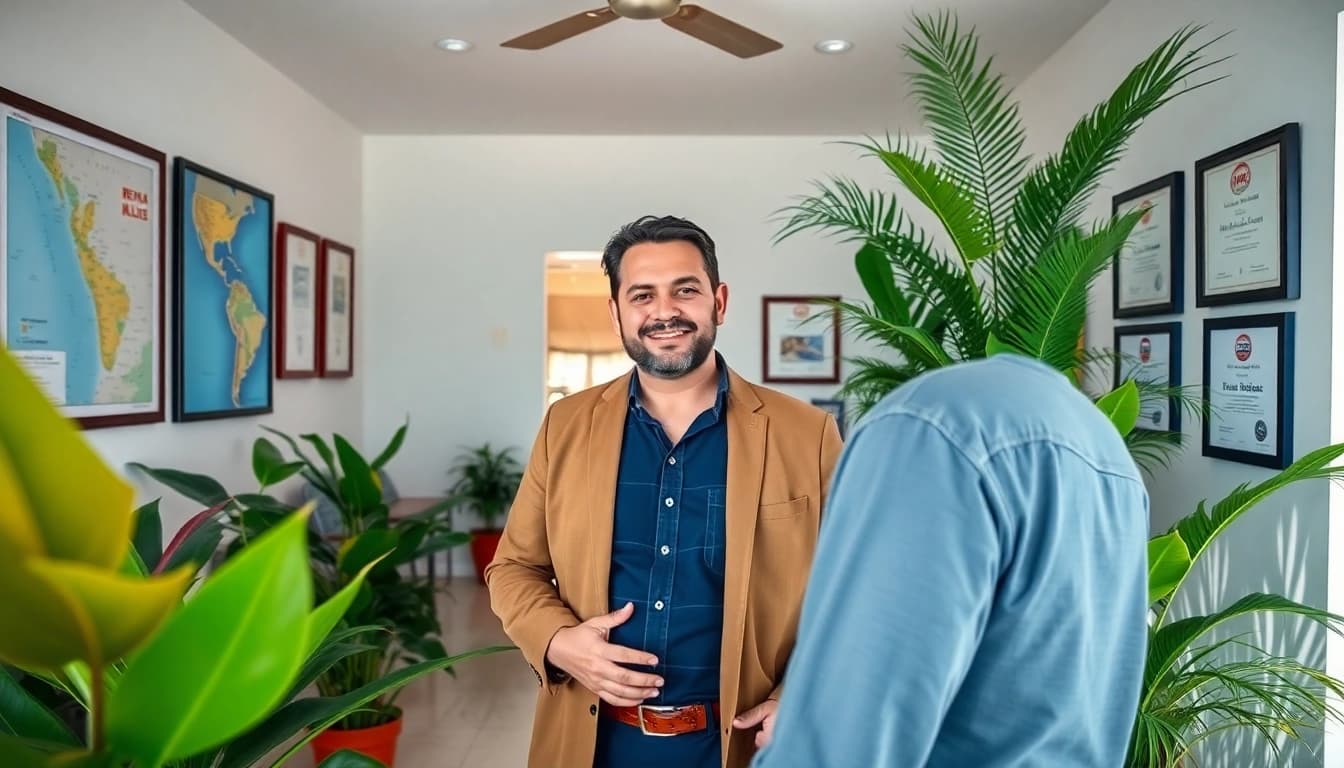 Dustin Rennie Belize engaging with clients in a modern RE/MAX office, showcasing his expertise in Caribbean real estate.