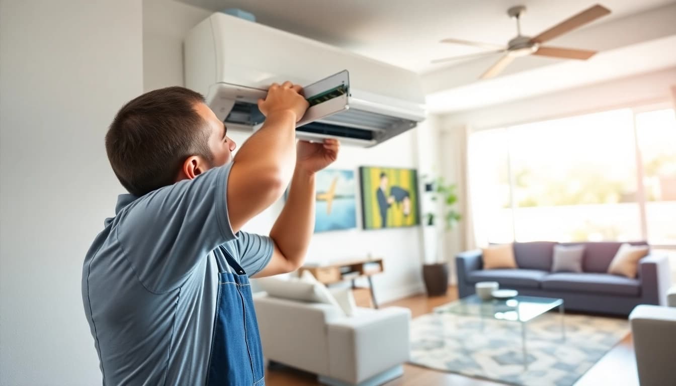 Technician installing a Scottsdale AC unit in a modern home setting.
