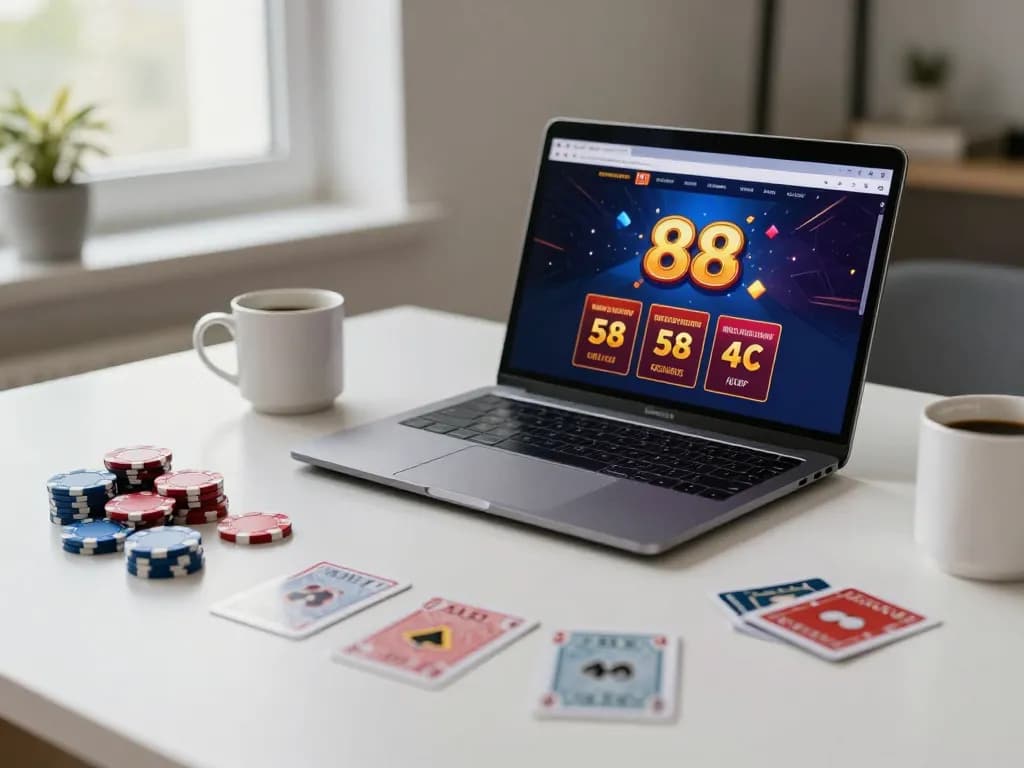 Playing w 88 online casino with laptop and poker chips in a cozy home setting