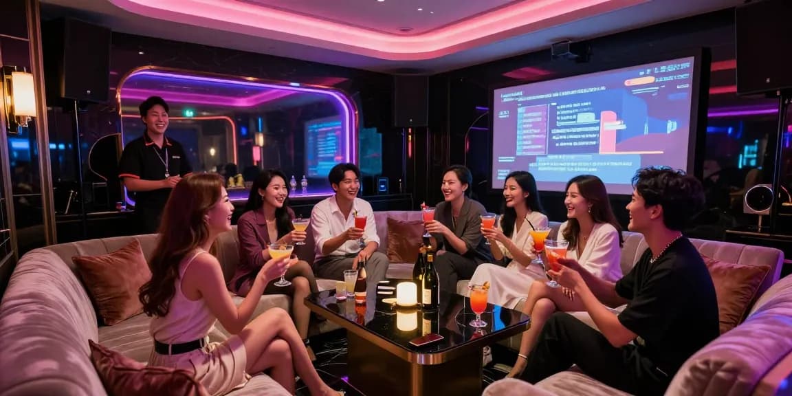 강남구구단의 프리미엄 카라오케 객실에서 친구들이 즐겁게 노래를 부르는 모습.