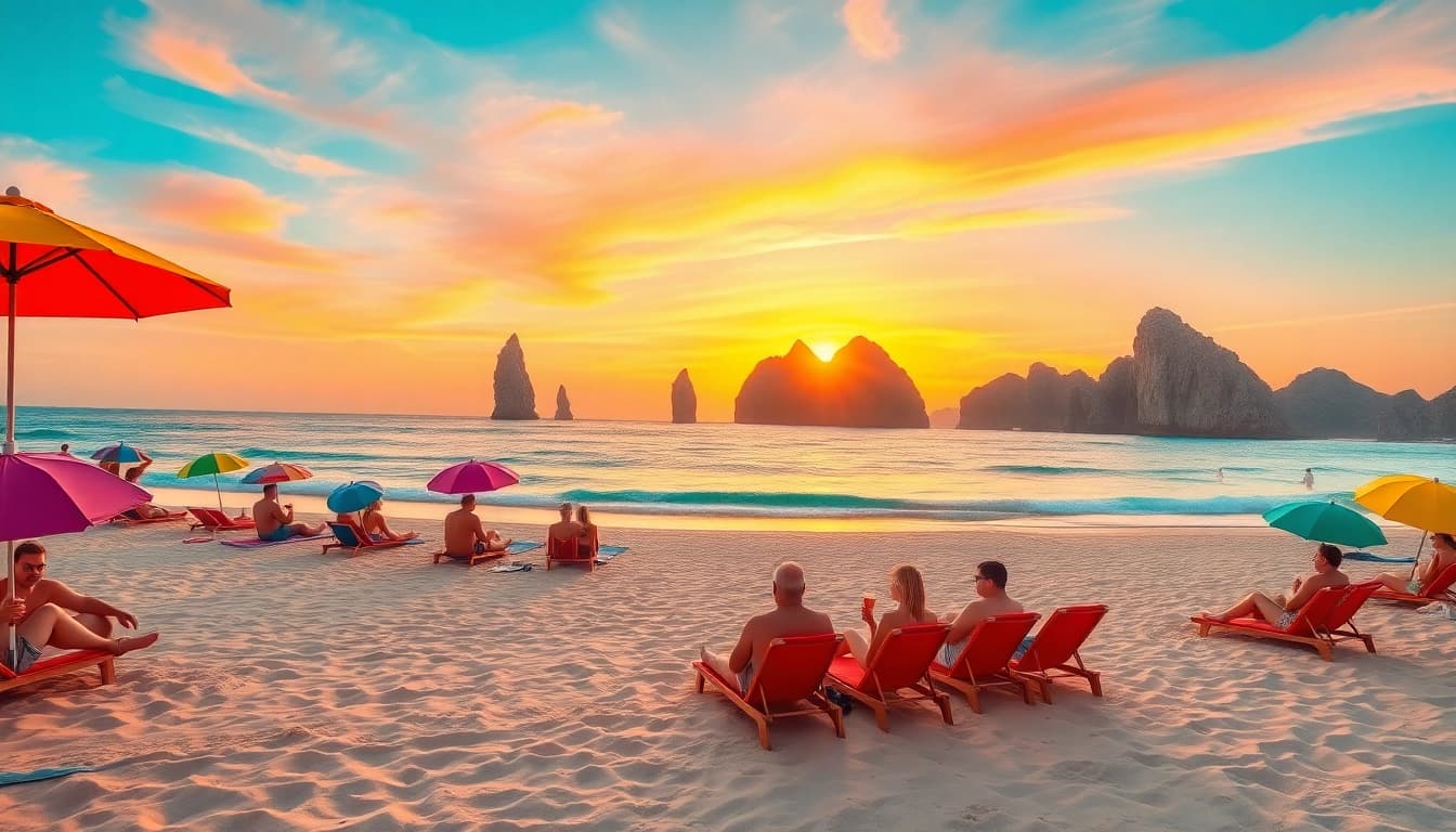 Cabo San Lucas travel sunset beach scene with vibrant colors and relaxing atmosphere.