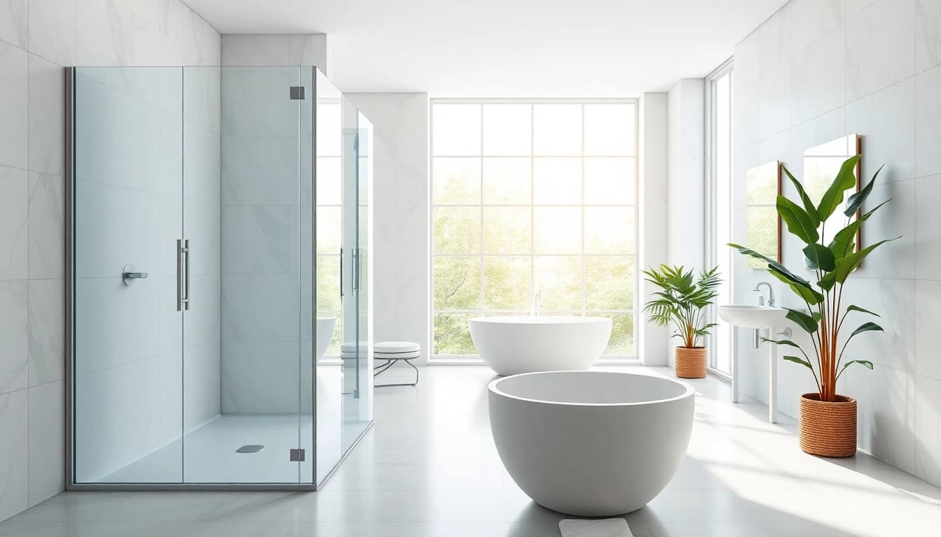 Modern shower doors UK with sleek design in an elegant bathroom setting.