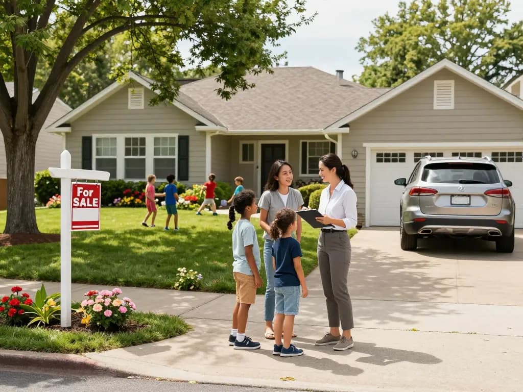 Sell my house fast for cash with a friendly agent engaging a family in a suburban neighborhood.
