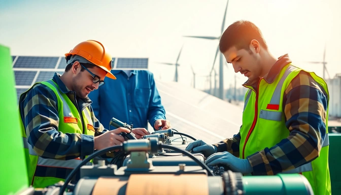 Showcasing skilled labor for energy sector technicians working on renewable energy installations.