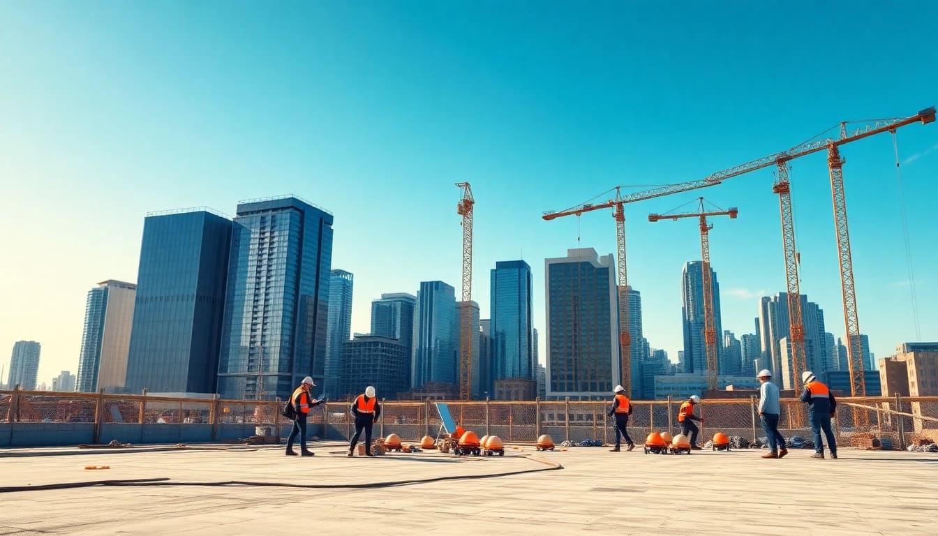 Illustration of Real Estate Development process with construction workers and modern buildings.