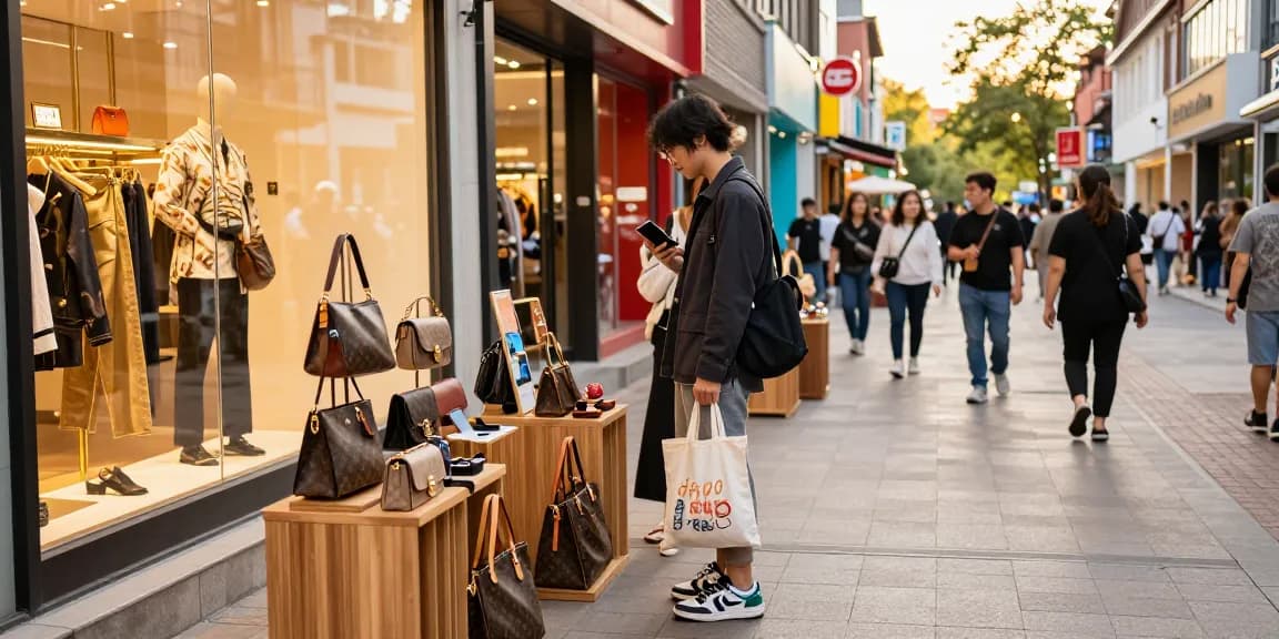 Shopping at a trendy 레플리카 쇼핑몰 showcasing stylish replica bags in an urban setting.