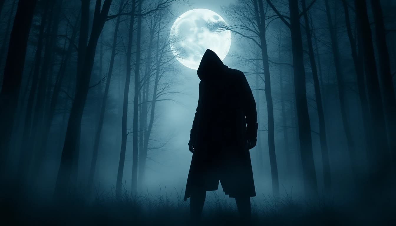 Thriller book cover highlighting a shadowy figure in a misty forest, enhancing suspense.