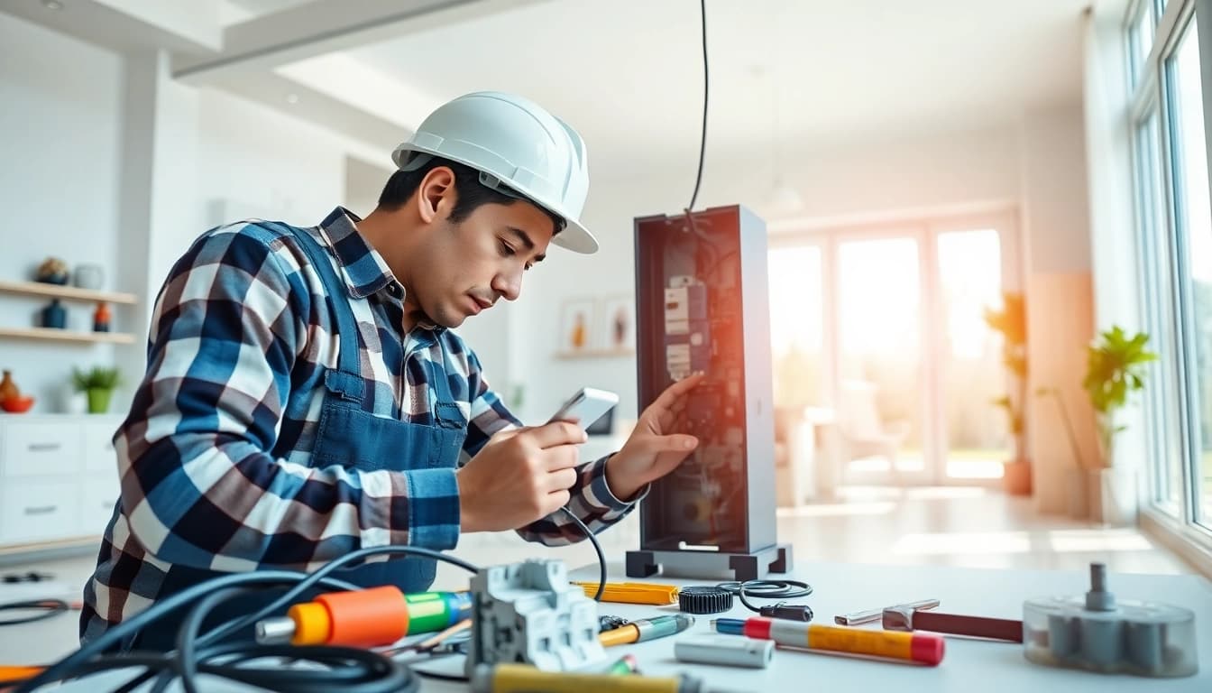Electrician performing edmonton electrical services in a modern home, showcasing professional workmanship.