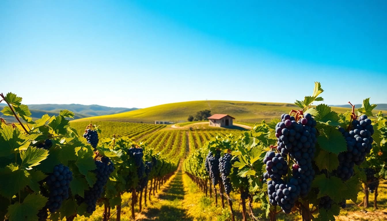 View of vineyards in Clarksburg, CA with lush grapevines and a rustic barn.