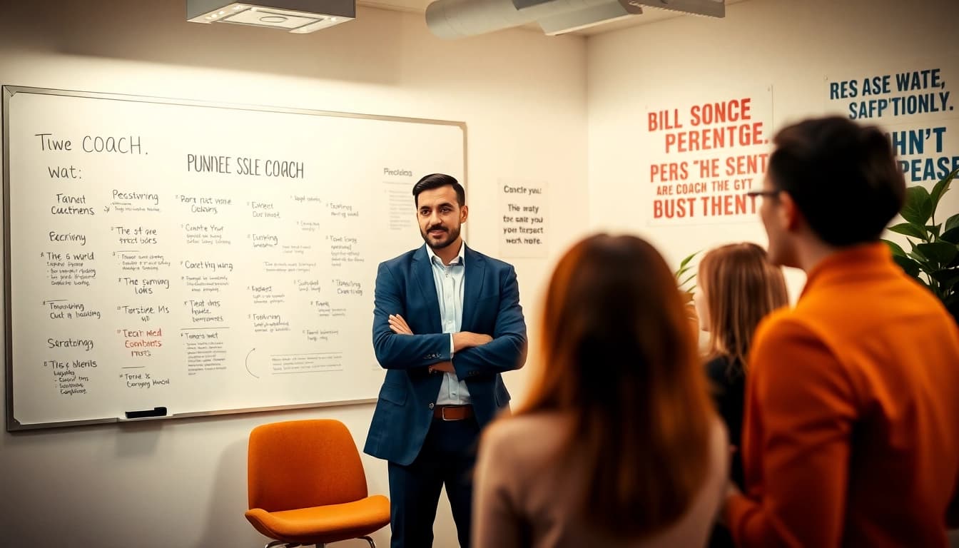 Engaging scene of a business coach sacramento guiding clients in a vibrant office.