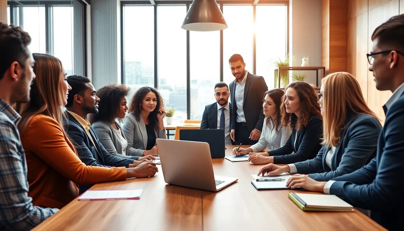 Engage in a vibrant business meeting showcasing teamwork and collaboration in a modern office.