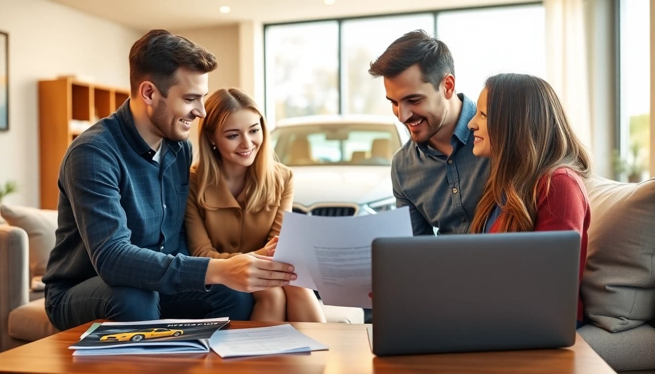 Couple reviewing warranty protection for cars and homes in a bright living room, promoting peace of mind.