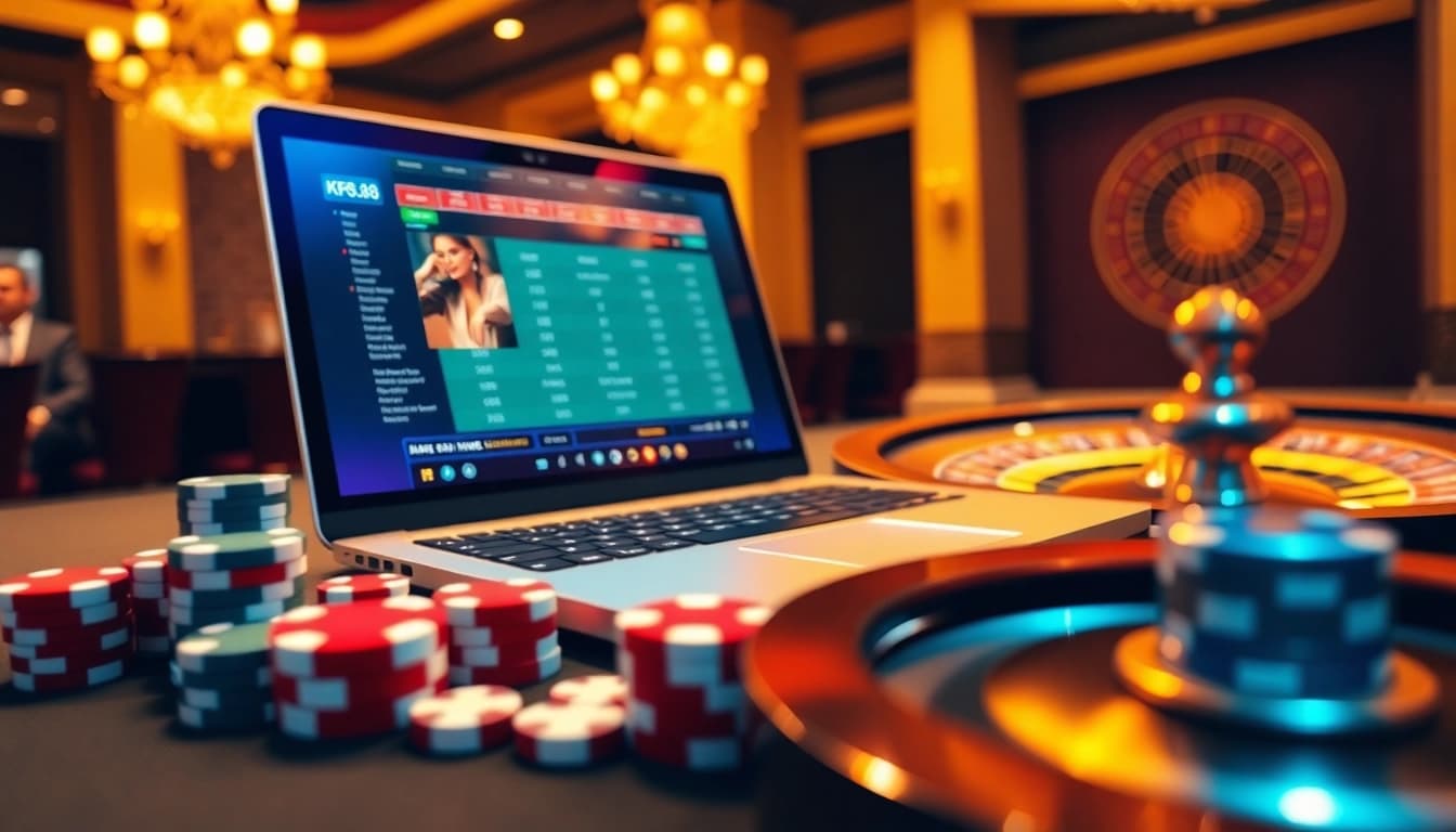 Experience luxurious online gambling with kp 88 digital interface surrounded by poker chips and dice.