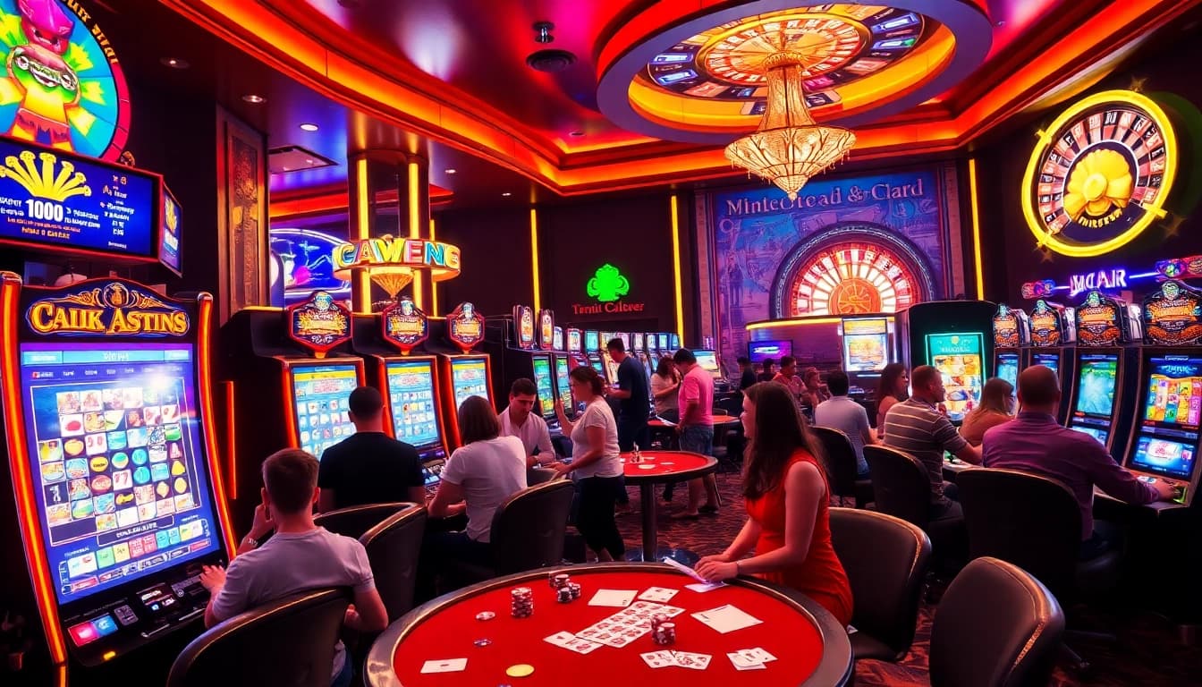 Penjudi yang antusias menikmati permainan slot deposit 1000 pada mesin slot kasino yang penuh warna.