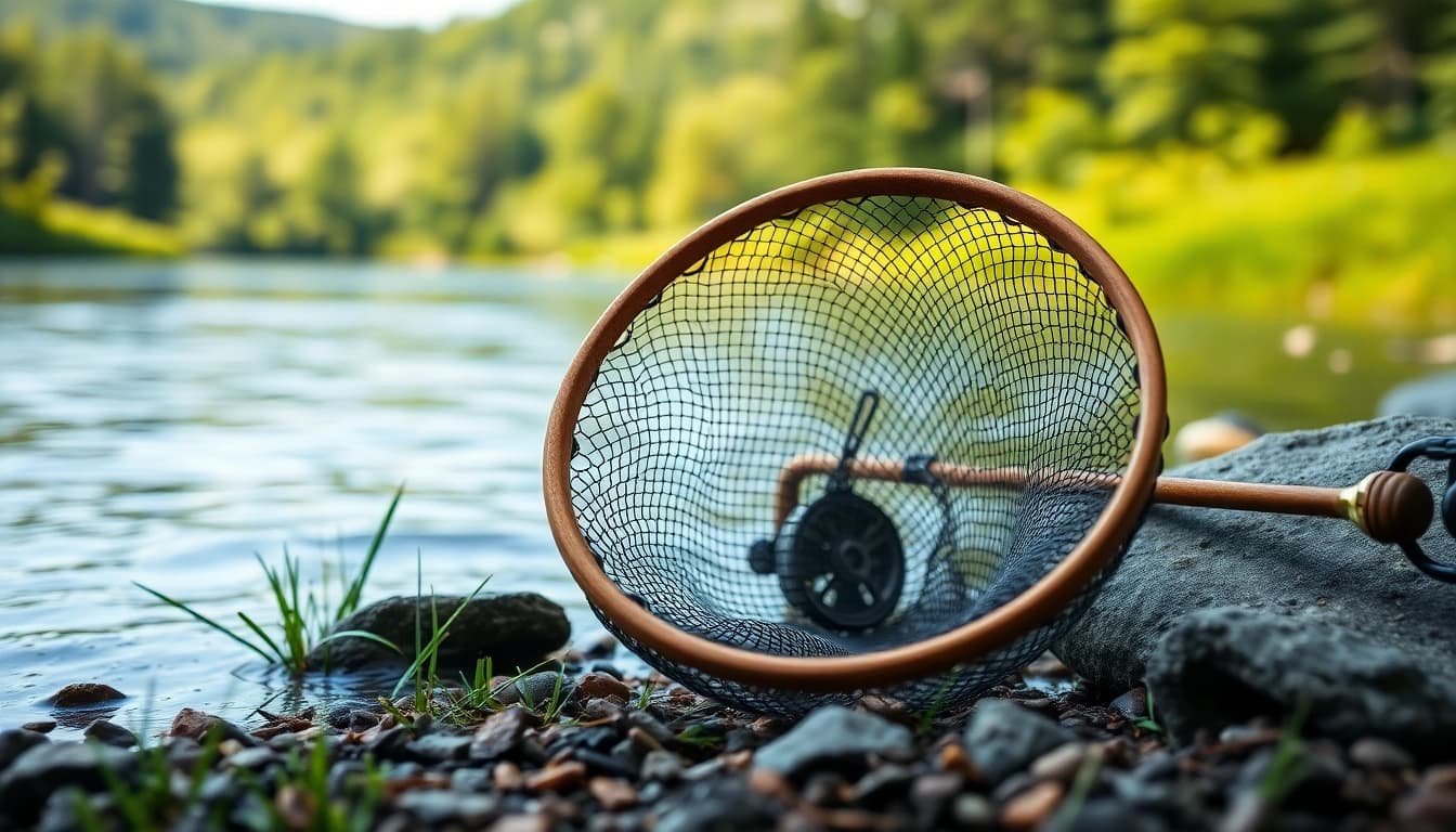 Capture a fly fishing net elegantly positioned beside a calm riverbank for fishing enthusiasts.