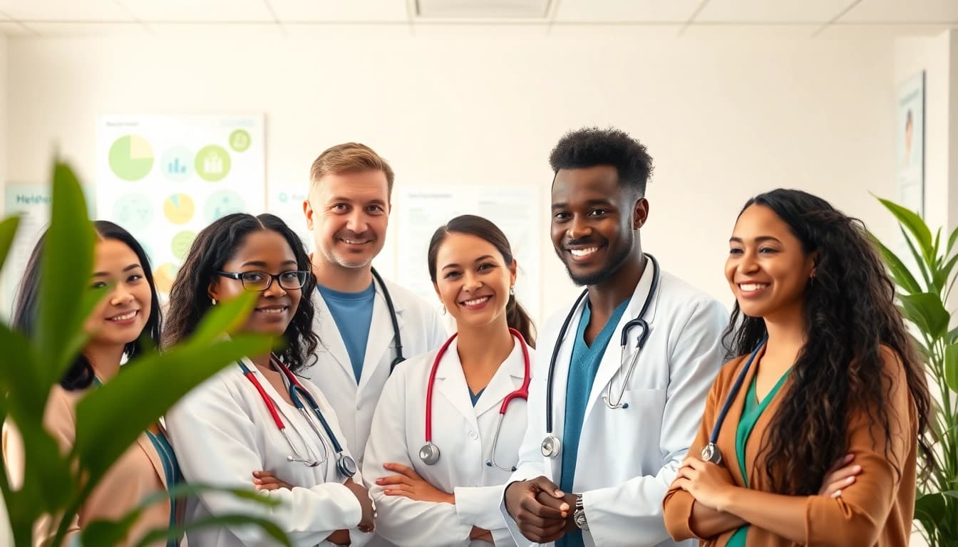 Promote Health advancements with a group of diverse professionals discussing strategies in a modern clinic.