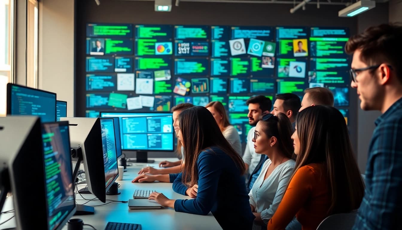 Web development company professionals collaborating in a bright modern office setting.
