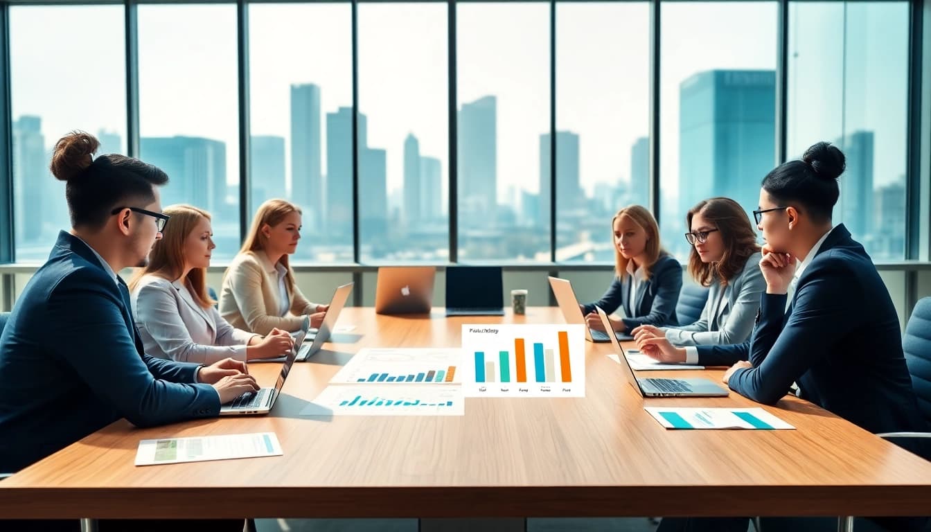 Analyze competitor pricing strategies during a business meeting with diverse professionals.
