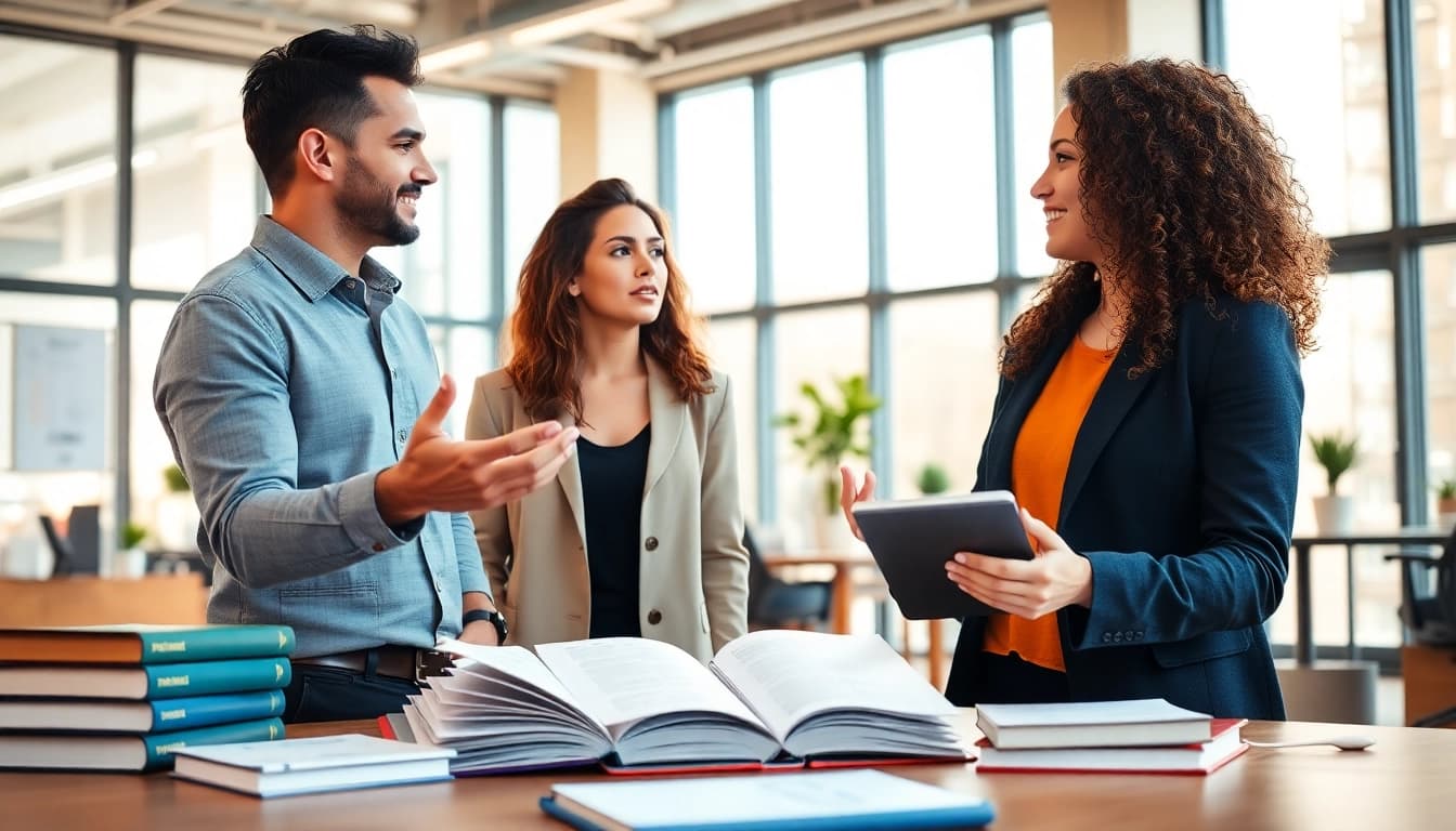 Engaging professionals discussing translation solutions at https://www.elitetranslingo.com in a modern office.