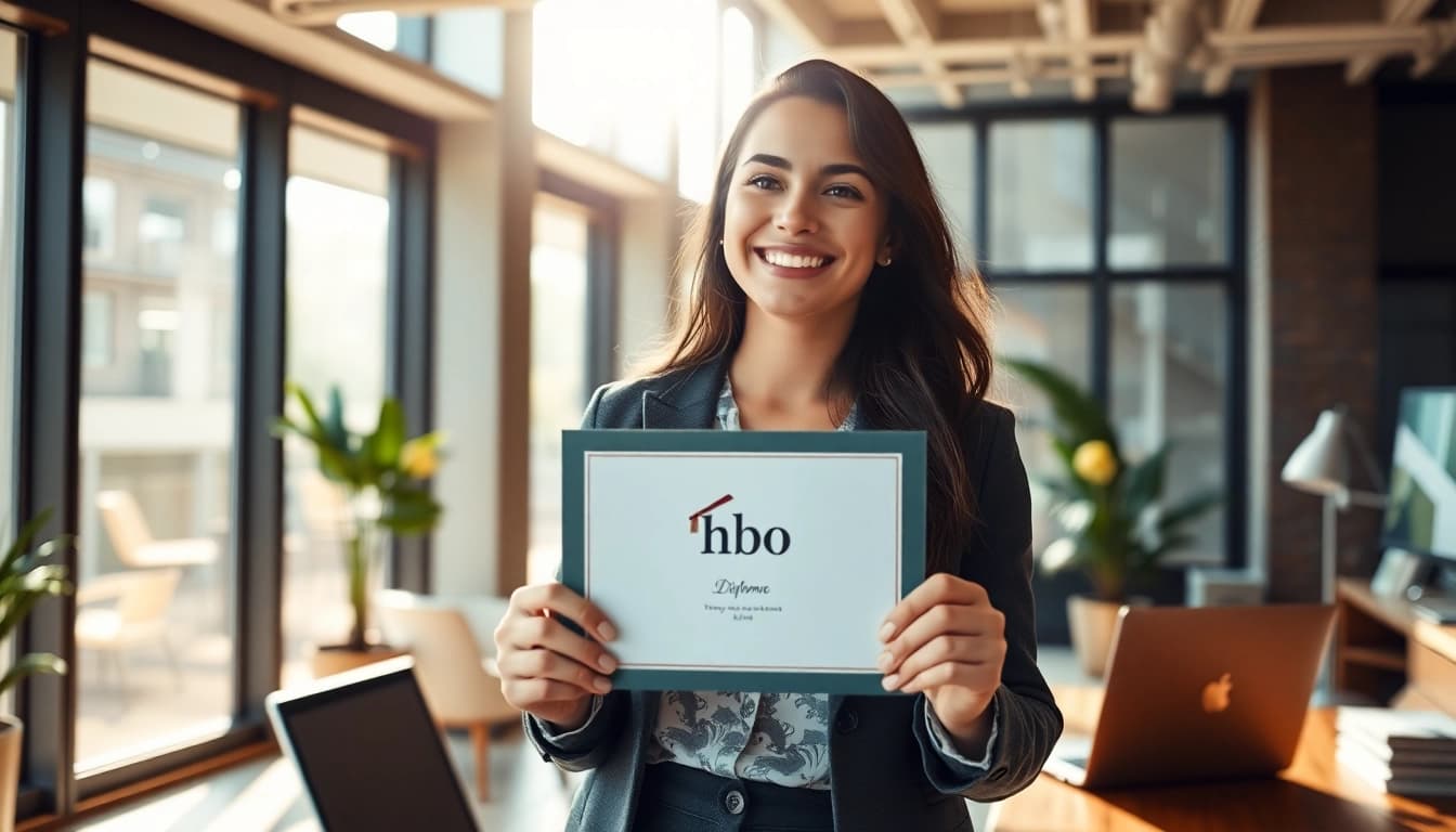 hbo Diploma kopen achieved by a young professional showcasing their success in a modern office setting