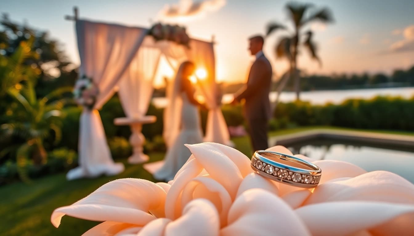 Wedding photographer Tampa FL captures an outdoor sunset ceremony with soft floral decor.