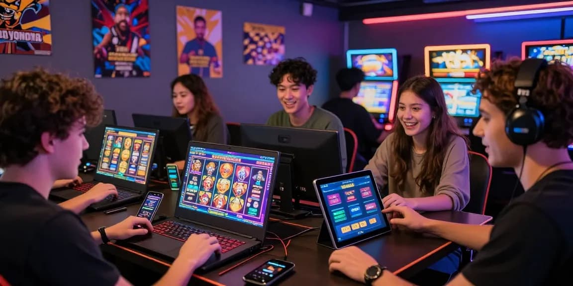 Excited players enjoying slot games on digital devices, showcasing the thrill of online gaming.
