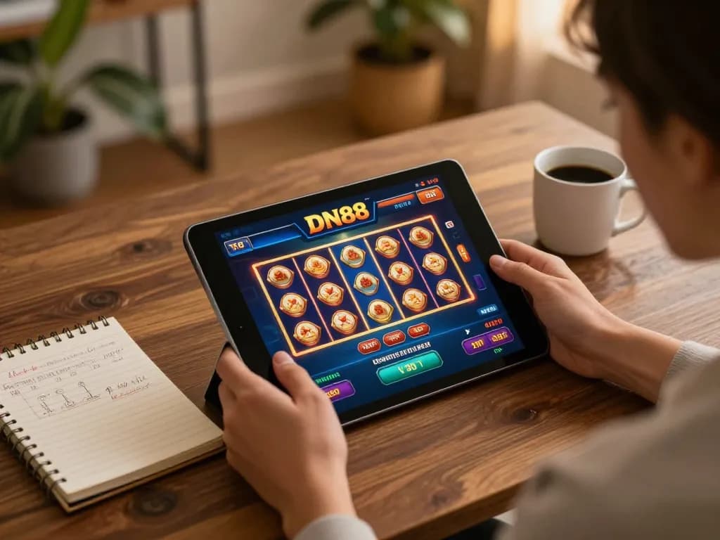 Engaging player using DN88 casino app on tablet in cozy home setting to place bets.