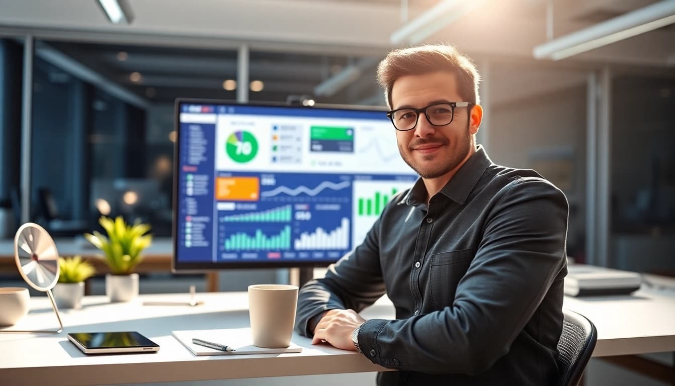 Auckland SEO expert analyzing data in a vibrant office, focused on optimizing search rankings.