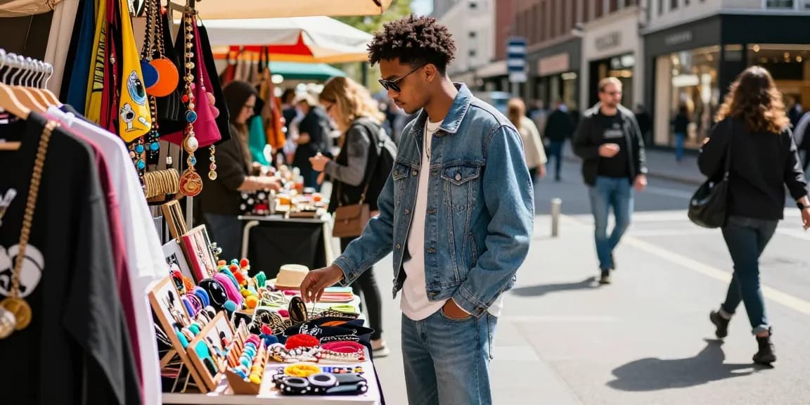 Stylish individual browsing 레플리카 fashion items at an urban market.