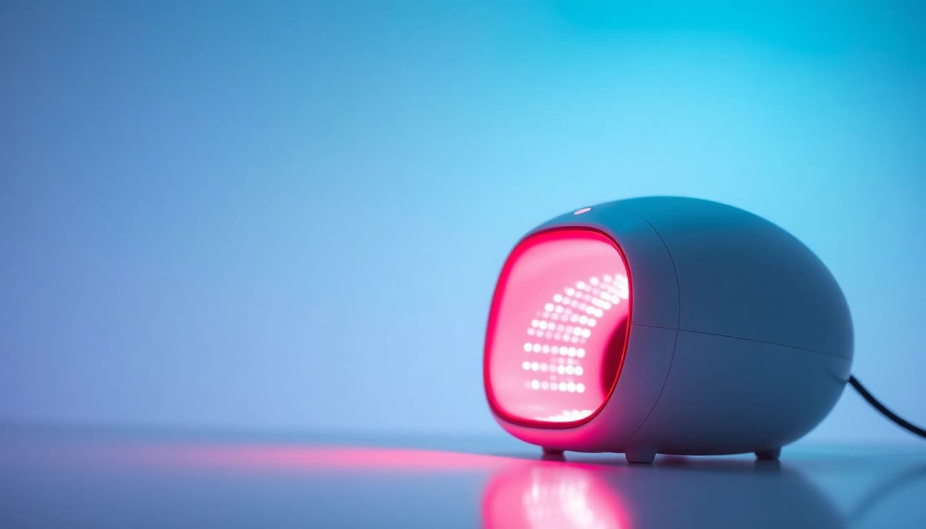 Showcasing a professional red light therapy device from https://www.biolight.shop with sleek features and a calming background.