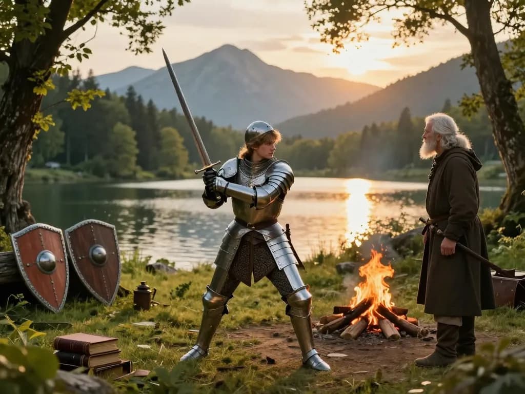 Young knight training in lush greenery, embodying spirit of Knight of the Seven Kingdoms.