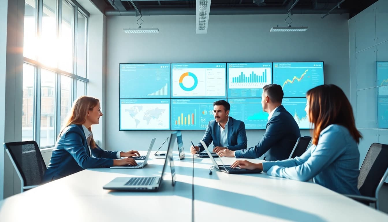Leverage competitive intelligence for sales through teamwork in a modern office setting.