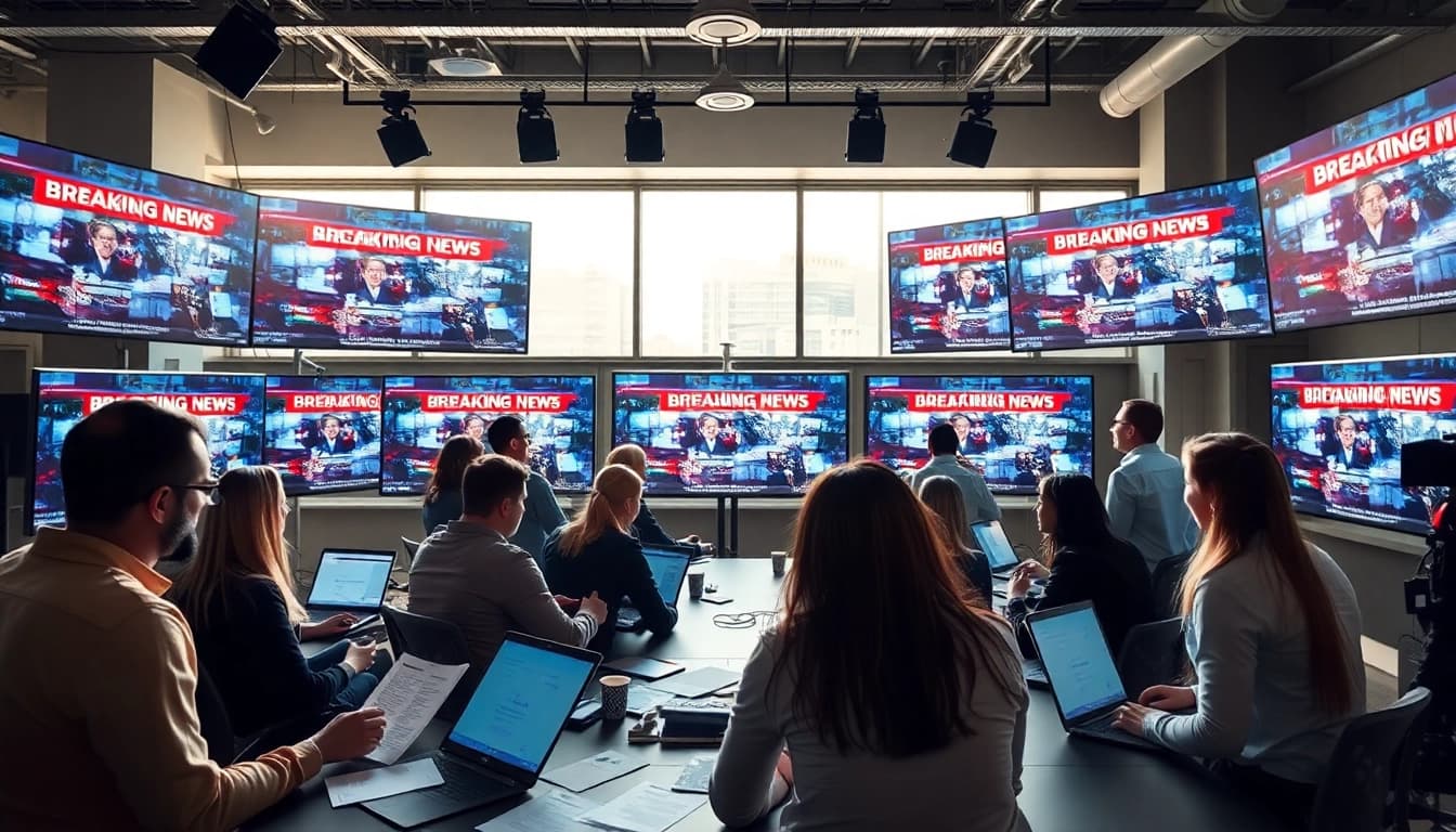 Engaged team collaborating on news stories in a modern newsroom environment.