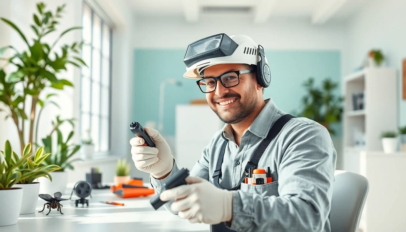 Affordable bug exterminator inspecting a clean workspace for pests in a professional setting.