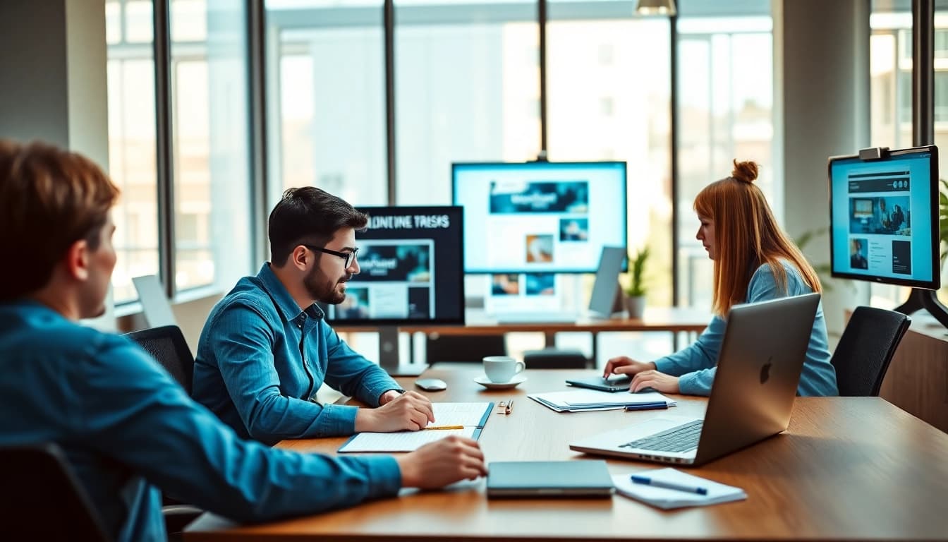 Showcasing unlimited WordPress tasks in a collaborative web design setting with vibrant energy.