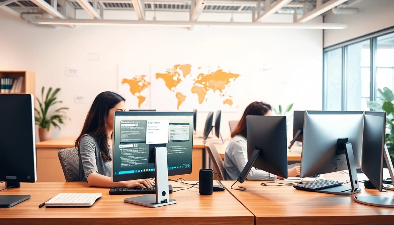 Efficient video translation process with translators collaborating in a bright office.