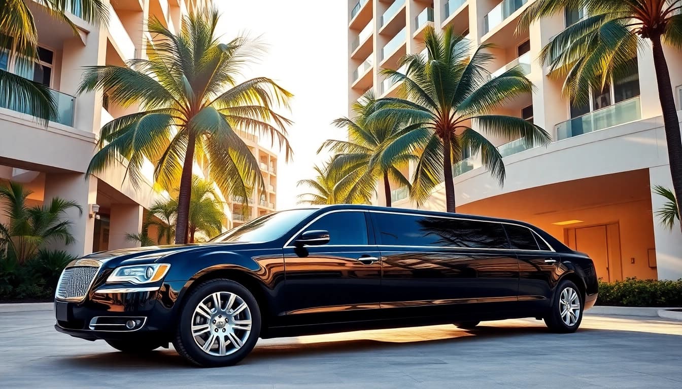 Experience premium Miami limousine service with a sleek black limo parked at a luxury hotel.