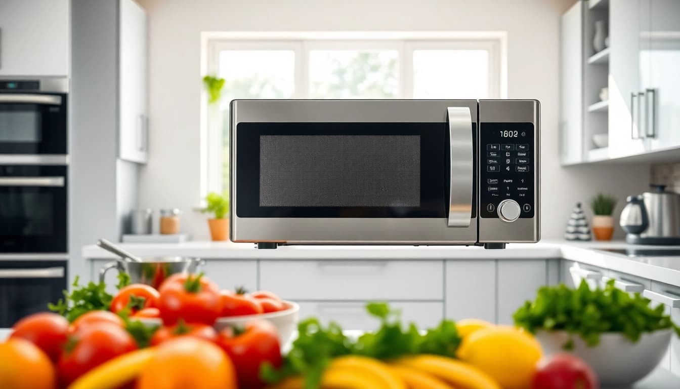 Showcasing microwave oven sales through a sleek kitchen setting with vibrant ingredients.