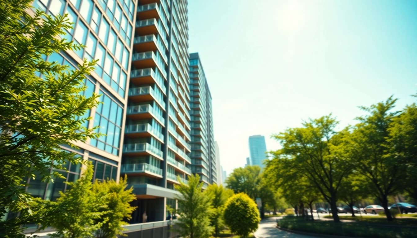 Highlight the exterior of a luxurious new tampines ec amidst a lush urban landscape.