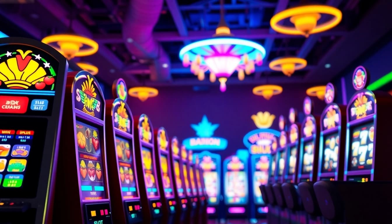 Menggambarkan platform gaming online gudangcuan dengan mesin slot berwarna-warni dan suasana kasino.