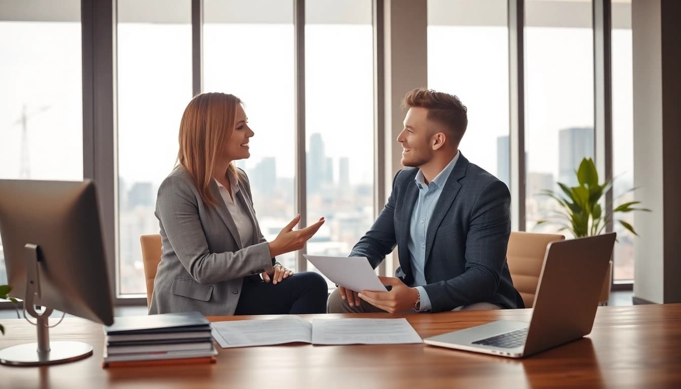 Beratung durch https://frankfurt-bester-immobilienmakler.de in einem modernen Büro mit Stadtblick.