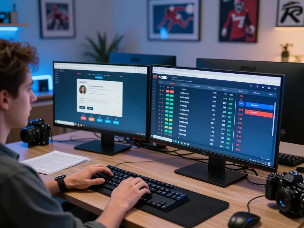 KQBD live sports betting scene with engaged player analyzing odds in home office.